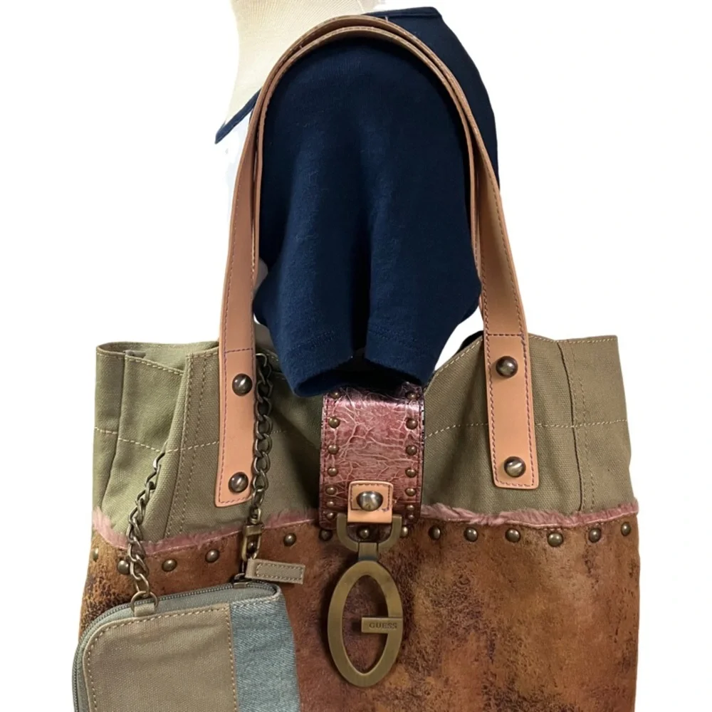 Vintage Y2k Guess Patchwork Reversible Tote Boho Fairycore Grunge Brass G Logo